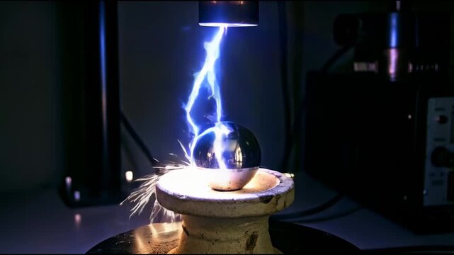 Strong blue arcs strike a metal sphere from above as it jolts on a ceramic base surrounded by flying sparks