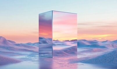 Mirrored monolith reflecting vibrant sunset colors across a surreal, snow-covered desert landscape, creating an abstract and futuristic scene