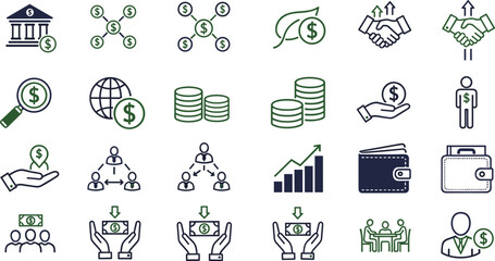 Finance icons set, banking investment savings currency exchange business growth, green navy theme, flat design, flat vector illustration