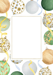 Rectangular frame with a copy space in the center and gold frame and surrounded by green, white and golden baubles and stream decorations. New Year's clipart. Hand-drawn watercolor illustrations