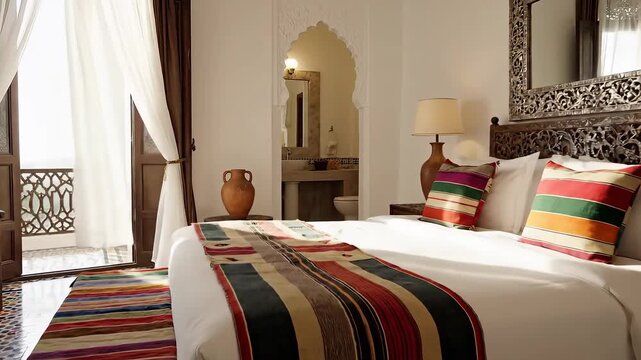 Luxurious Moroccan Bedroom Suite with Balcony View.