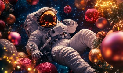 Astronaut floating among festive christmas ornaments and decorations against a starry cosmic backdrop, blending space exploration and holiday cheer