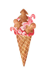 Christmas ice cream cone with gingerbread men and candy canes watercolor illustration on transparent background. For bookmarks, stickers, art prints, and more