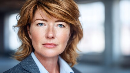 Mature professional woman with red hair and blue eyes looks directly at camera with confident expression.