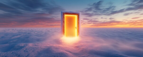 Glowing door standing in a vast snowy field under a dramatic sunset sky, representing new opportunities and possibilities
