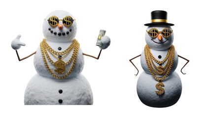 Gangster Snowman Characters with Gold Chains on Transparent Background