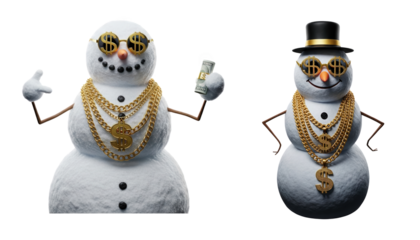 Gangster Snowman Characters with Gold Chains on Transparent Background