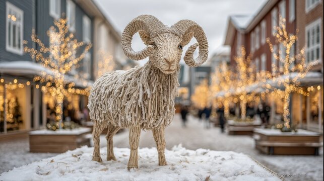Wicker ram sculpture stands tall on snowy street adorned with warm glowing festive lights.