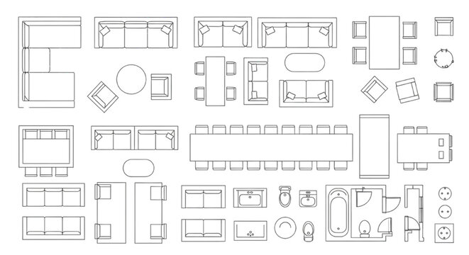 Knolling layout of architectural furniture symbols. Top view vector set of sofas and tables for floor plans.