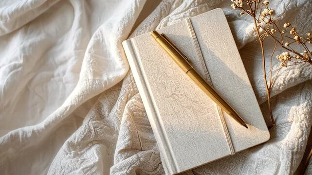 A beautifully captured flat lay featuring a cream-colored notebook adorned with a sleek golden pen, resting on rumpled fabric with delicate dried flowers adding a touch of natural beauty