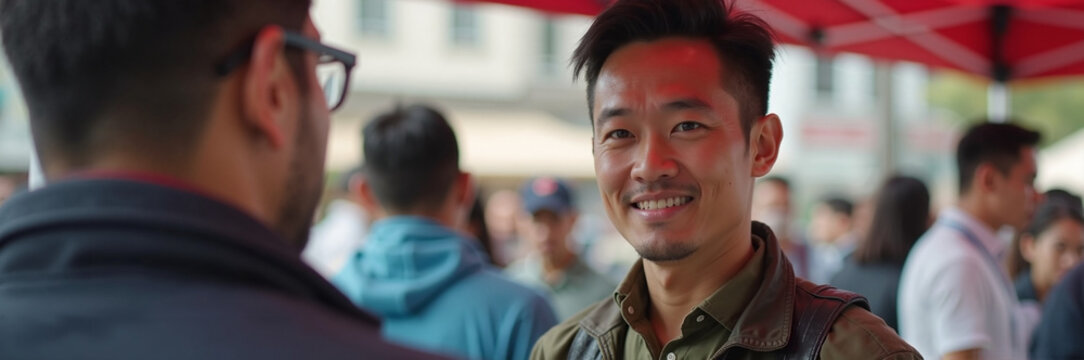 Man smiling in conversation with friend at crowded outdoor event, man shows genuine happiness as he interacts with someone he knows, indicating friendly relations. - Powered by Adobe