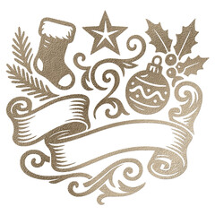 Golden textured christmas ornaments framing a blank banner with holly, star, stocking, and bauble, on transparent background