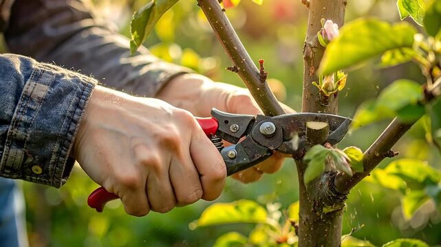 Gardener pruning apple tree branches with shears in a sunlit orchard in spring