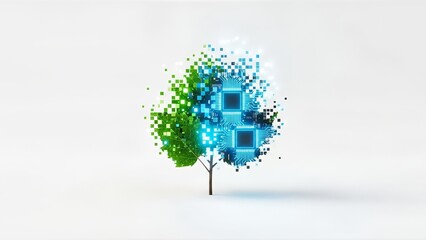 A vibrant green tree transitions into a sophisticated digital circuit board with glowing blue chips and pixels, symbolizing the fusion of nature and technology in a clean, bright setting.