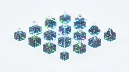 Abstract illustration of interconnected glowing dark cubes, spheres, and pyramids forming a complex digital network on a bright background. Represents data, blockchain, or AI concepts.