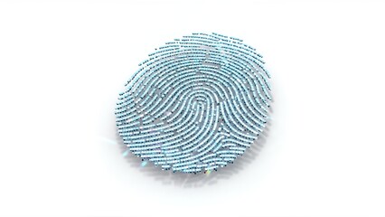 A vibrant digital fingerprint composed of small blue squares, casting subtle shadows on a white background, symbolizing modern biometric security and personal data protection.