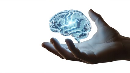 A human hand gently cradles a glowing, futuristic digital brain with circuit patterns on a white background. It symbolizes AI, technology, and human intellect.
