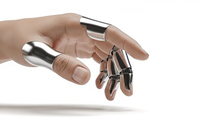 Close-up of a human hand with sleek, reflective metal finger extensions, resembling bionic or futuristic augmentation. Bright, clean white background emphasizes modern technology.