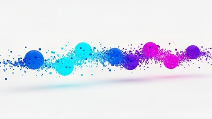 Vibrant gradient-colored spheres and pixelated squares create a dynamic, abstract flow across a clean white background, symbolizing connection or data visualization.