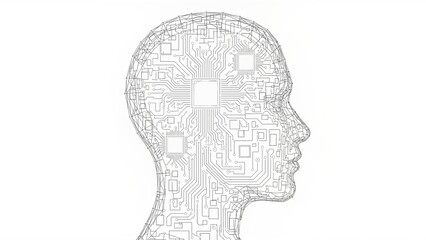 Stylized wireframe human head silhouette with intricate circuit board pattern and microchips inside, symbolizing artificial intelligence and technology. Ideal for concepts.