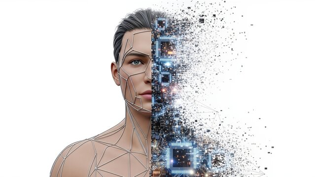 A male humanoid head and body with one half showing circuits and data pixels dissolving. Illustrates artificial intelligence, digital transformation, and human-machine integration.