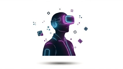 A stylized silhouette of a person wearing a VR headset and headphones, outlined with neon blue and pink light. Represents immersive digital experience and future technology.