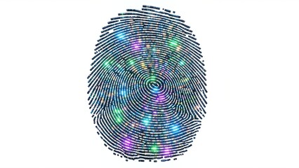 A vibrant digital fingerprint pattern filled with glowing colorful data points and light streaks, symbolizing modern biometric security, identity, and technology.