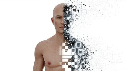 Conceptual image of a male figure, half human, half digital data and glowing circuit elements, on a stark white background, symbolizing AI and technological evolution.