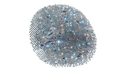 Close-up of a digital fingerprint formed by binary code and integrated circuits, glowing with data. Represents cybersecurity, identity, and personal data protection.