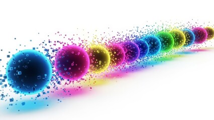 A diagonal row of vibrant, glowing spheres in rainbow colors, each surrounded by pixelated cubes. This abstract digital art depicts energy, connection, and movement on a white background.