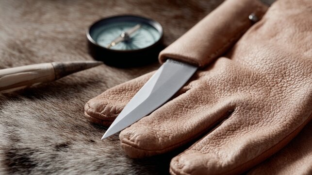 Close up macro shot of hunting equipment including a knife, leather gloves, and compass on textured fur, showcasing outdoor adventure tools and survival gear