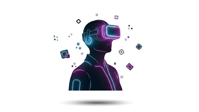 A stylized silhouette of a person wearing a VR headset and headphones, outlined with neon blue and pink light. Represents immersive digital experience and future technology.