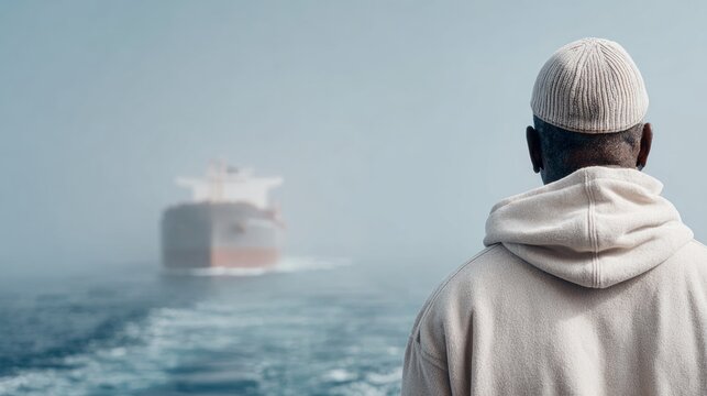 Cargo ship emerges from morning mist, viewed from behind a man in a hoodie, creating a cinematic wide-angle scene of maritime tranquility and exploration