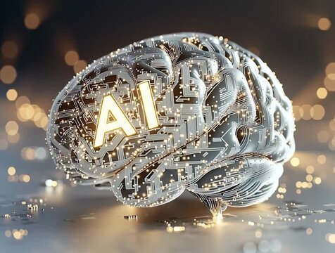 Brain with "AI" microship glowing on it