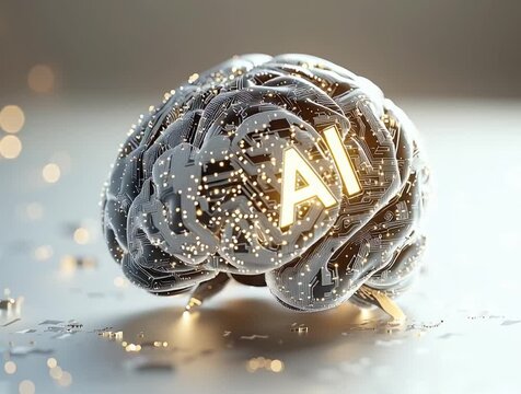Brain with "AI" microship glowing on it