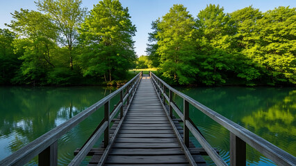 A picturesque wooden footbridge offers a straight path into a dense, verdant forest across a calm river