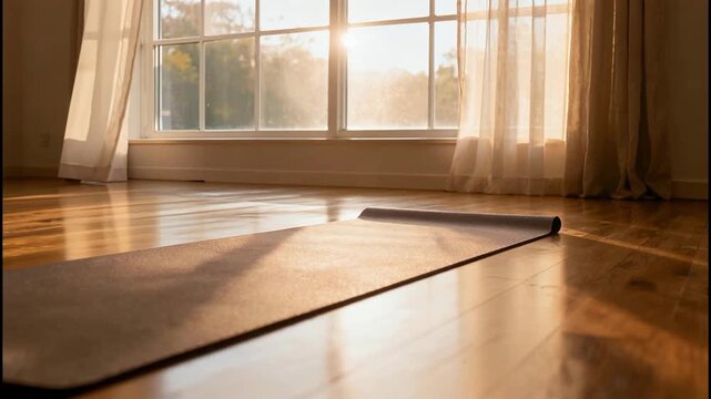 Serene Yoga Studio Bathed in Golden Sunrise Light with a Yoga Mat on a Polished Wooden Floor