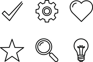 UI icons set, check gear heart star search light bulb, black outline style, flat design, flat vector illustration