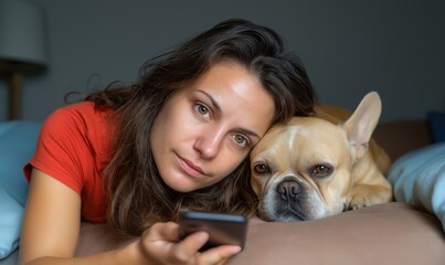 Middle aged woman relaxes at home with her French bulldog while reading on her phone
