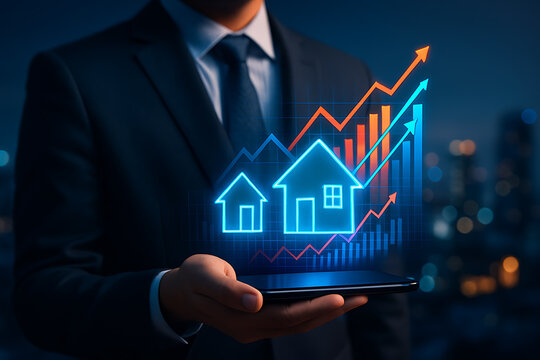 Businessman presenting futuristic real estate market analytics with property investment growth and housing price trend visualization