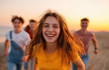 Diverse group of teens joyfully running on the beach at sunset, radiating friendship and carefree energy