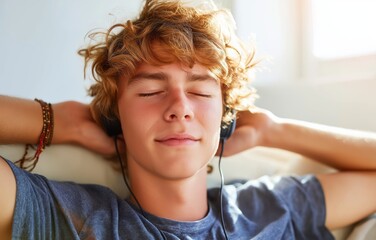 Teenage boy enjoying music with headphones in relaxed afternoon atmosphere at home