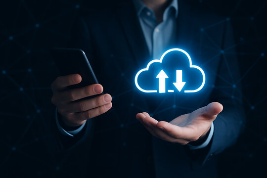 Close up of businessman holding smartphone while digital cloud computing icon with upload and download arrows floats above futuristic holographic background
