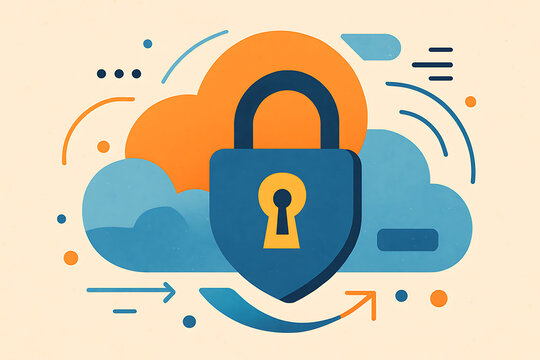 Cloud computing security concept with lock symbol representing safe data protection digital storage privacy and information technology systems