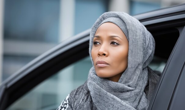 Young woman in hijab looks thoughtfully from the driver's seat of her car