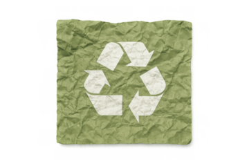 Crumpled green paper with a clear white recycling symbol, illustrating sustainability, ecology, and eco-friendly consumer choices