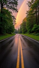 Scenic road with rainbow after rain in lush forest