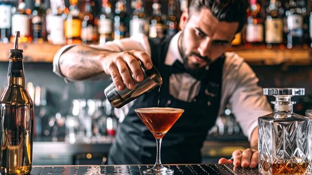 Bartender preparing a cocktail at a bar with spirits in the background, expert mixologist crafting a drink