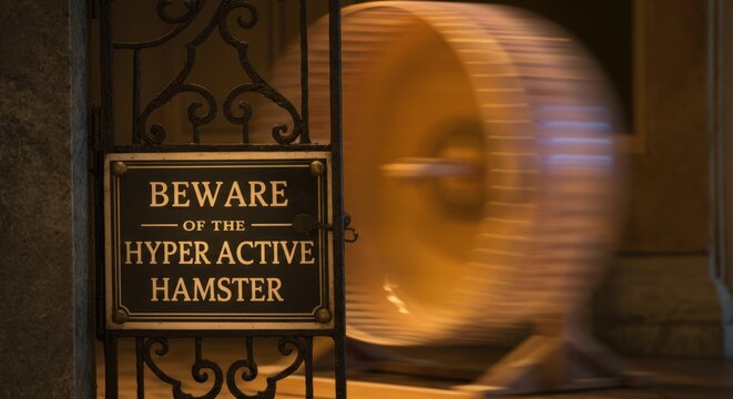 Sign warns of the hyper active hamster near a spinning wheel by the gate