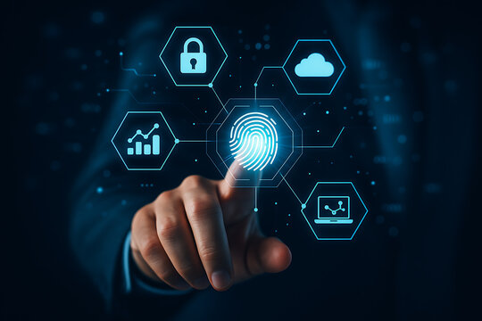 Futuristic fingerprint scan technology with glowing holographic icons representing biometric authentication and data protection